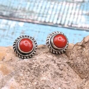 Sterling Silver Mediterranean Red Coral Stud Earrings Southwestern Style